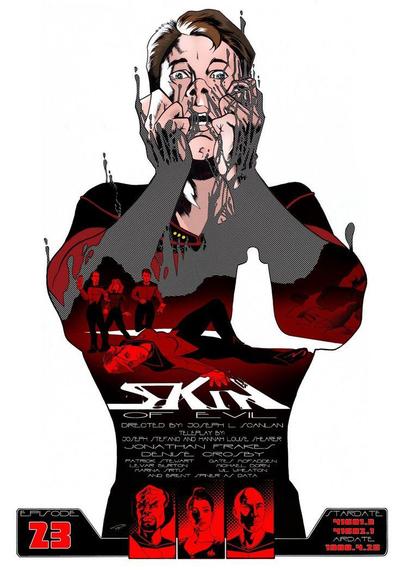 A graphic art poster for Star Trek: The Next Generation episode Skin of Evil, featuring a prominent image of Riker trapped in the black goo against a white background. Within his red uniform is an image of Tasha Yar fallen to the ground. The Artemus skin is depicted as a white silhouette against the red background.