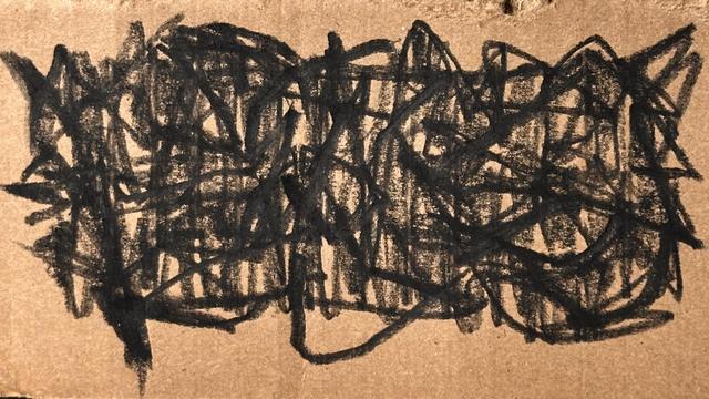 heavy black lines add organic form, texture, and ambiguous sense of depth and movement to a single large spiky but vaguely rectangular form that fills in most of the frame with scribbles and shading