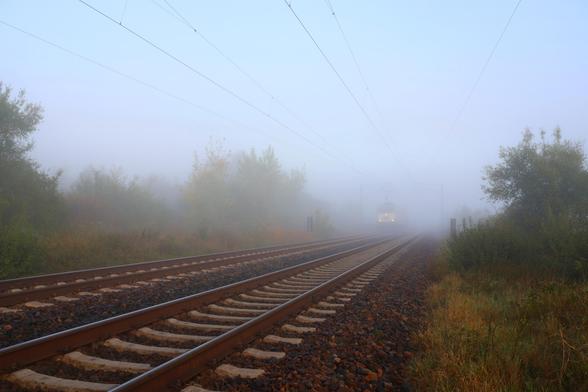 A misty railway track stretches into the distance, surrounded by dense foliage and trees. The rails, supported by concrete sleepers, converge towards the horizon, disappearing into the fog. Overhead electric wires run parallel to the tracks, indicating an electrified railway line. In the distance, a train approaches, adding a sense of motion to the serene and mysterious atmosphere.