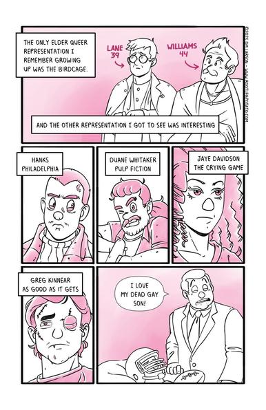 Panel 1 the first caption reads "The only elder queer representation I remember growing up was the Birdcage." The  illustration depicts Robin Williams and Nathan Lane with arrows pointing to them that say 44 and 39. The second caption reads "And the other representation I got to see was interesting." What follow is a grid of characters from various movies. The list is Hanks from Philadelphia, Duane Whitaker from Pulp Fiction, Jaye Davidson from the Crying Game, Greg Kinnear from As Good As it Gets, and the scene from the movie Heather where the father says "I love my dead gay son!"