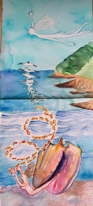Woman emerges from conch under the sea, follows a spiral of fish tmo the surface where they become Turns and lead up into the sky over the sea and land, to woman as cloud. Life cycle