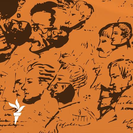 Культурный дневник, в качестве обложки, использует иллюстрацию в оранжево-кирпичном цвете с силуэтами портретов классиков, нарисованных чернилами, перьевой ручкой