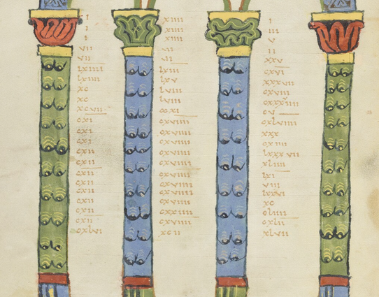 Four columns with black line decoration, inner two columns blue, outer green, with opposing colour capitals. Light brown lettering in between.