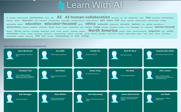A screenshot of the speakers bureau from Learning With AI with a grid of names and a tag cloud for filtering by expertise