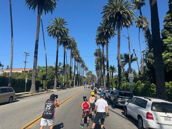Photo of inline skaters rolling along a palm-tree-lined street clear sunny skies.