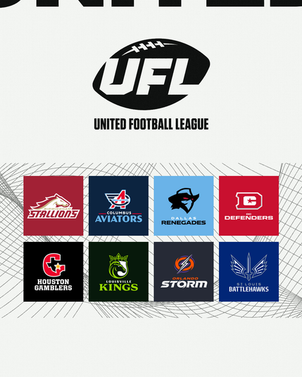 A graphic with the new UFL logo and the new teams and logo

* Birmingham Stallions
* Columbus Aviators
* Dallas Renegades
* DC Defenders
* Houston Gamblers
* Louisville Kings
* Orlando Storm 
* St. Louis Battlehawks