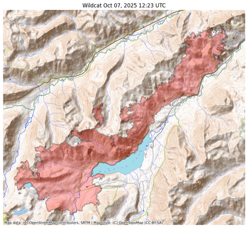 Visual map representation of the Wildcat wildfire, showing the perimeters of the 15523.0 acre fire on a map.