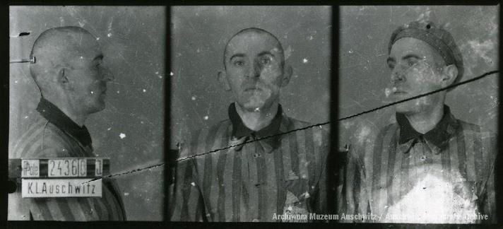 A mugshot registration photograph from Auschwitz. A man with a shaved head wearing a striped uniform photographed in three positions (profile and front with bare head and a photo with a slightly turned head with a hat on). The prisoner number is visible on a marking board on the left.