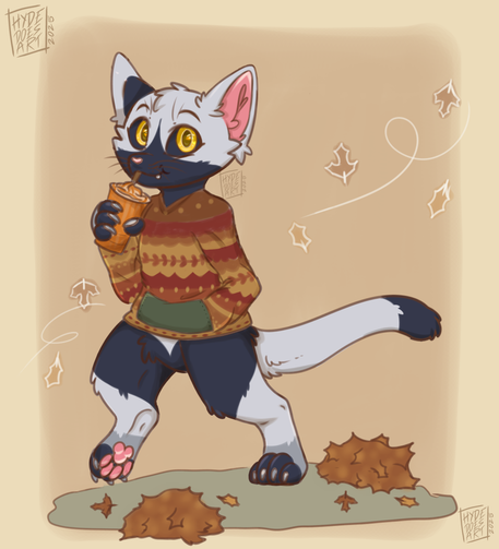 An Atumn colored bachround with some fallen leafs and wind, where Luney (The Cat) is cheerfully walking lifting feet high exposing the beans while wesring an Dark orange Cozy Sweater and drunking Pumpkin spiced  latte, the cat on its own has cold grey and cold dark Blue colors with moonglow eyes :3
