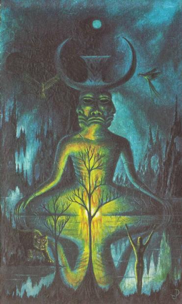 A gigantic moonlit figure sits cross-legged by a lake and what appears to be a burning tree in front of it. It has three grim faces and huge horns forming a crescent on its head. In the foreground there is a woman, tiny in comparison, holding high her hands in worship. A tiger is creeping in from the left and tropical birds are in the sky.