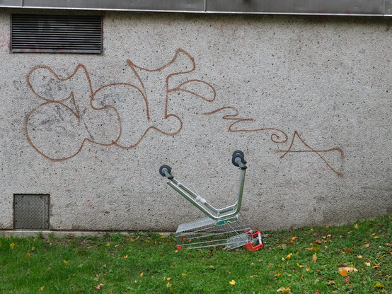 An upside-down customer cart in front of a wall with a graffiti scrawl and som autumn leaves