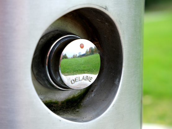 Reflection of a grassy field in what appears to be a metal push-button for a shower