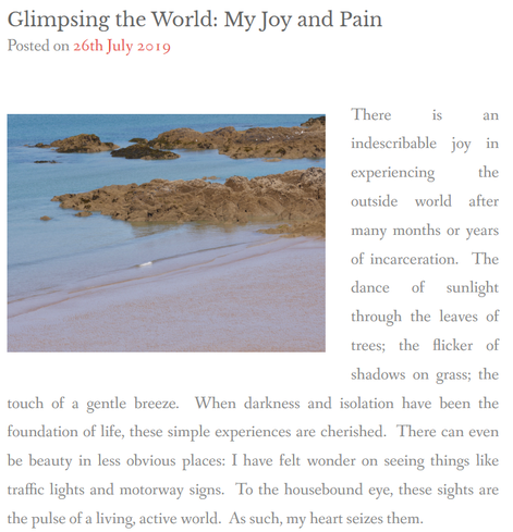 Glimpsing the World: My Joy and Pain
Posted on 26th July 2019by Naomi Whittingham
A rocky shoreline, with waves gently breaking on wet sandThere is an indescribable joy in experiencing the outside world after many months or years of incarceration.  The dance of sunlight through the leaves of trees; the flicker of shadows on grass; the touch of a gentle breeze.  When darkness and isolation have been the foundation of life, these simple experiences are cherished.  There can even be beauty in less obvious places: I have felt wonder on seeing things like traffic lights and motorway signs.  To the housebound eye, these sights are the pulse of a living, active world.  As such, my heart seizes them.