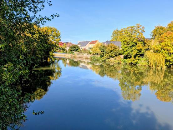 Vue depuis le pont qui mène au parc au-dessus de la rivière Huisne. Décor d'arbres mais aussi de maisons et bâtiments du Mans.