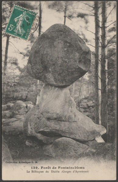 Printed monochrome postcard showing a view of the Bilboquet du Diable in the Forest of Fontainebleau near Paris in France.

Published by Léon Ménard, Fontainebleau, No 139, c.1910s.

Postally used.

Very good condition, with very slight corner bumps.