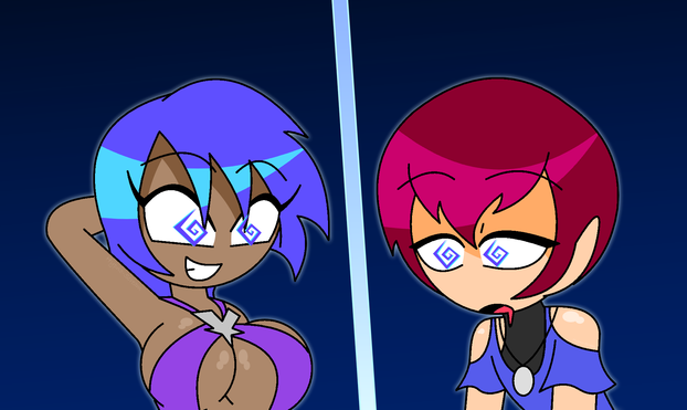 Mesmeric Aqua in a bedlah outfit hypnotizing an aged up Chris from King of Fighters