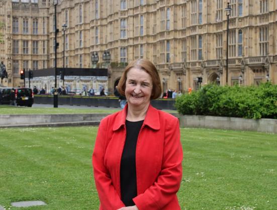 Nia Griffith MP pictured outside the Houses of Parliament, highlighting her campaign for stronger protections to stop late payments harming small businesses in Llanelli and across the UK.