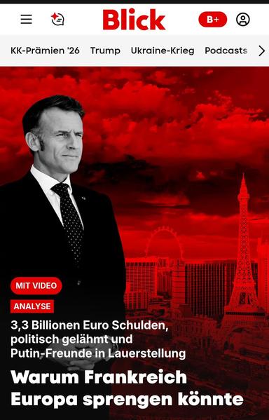 Blick Titel: Warum Frankreich Europa sprengen könnte" Der Französische Präsident im Vordergrund. Im Hintergrund der Eiffelturm-Nachbau in Las Vegas.