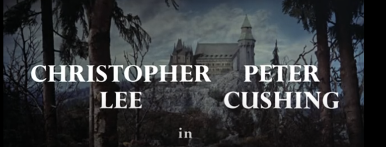 This is an opening title screen with trees and an old castle in the background. The words "Christopher Lee Peter Cushing in" are written across the landscape. It can also be read as "Christopher Lee in Peter Cushing," hence the joke.
