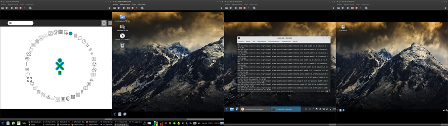 De izquierda a derecha las diferentes versiones de Trisquel 11,
- Trisquel Sugar (Sugar)
- Trisquel (Mate)
- Triskel (KDE)
- Trisquel Mini (LXDE)
Virtualizado en virt-manager para pruebas de actualización a T12.