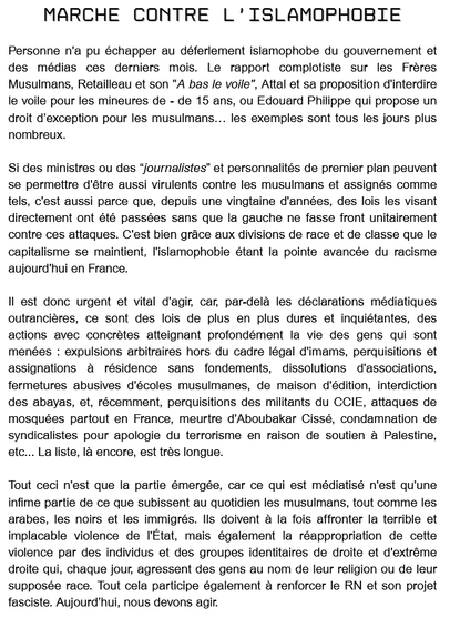 Personne n’a pu échapper au déferlement islamophobe du gouvernement et des médias ces derniers mois. Le rapport complotiste sur les Frères Musulmans, Retailleau et son « A bas le voile », Attal et sa proposition d’interdire le voile pour les mineures de – de 15 ans, ou Edouard Philippe qui propose un droit d’exception pour les musulmans, les exemples sont tous les jours plus nombreux. Si des ministres ou des “journalistes” et personnalités de premier plan peuvent se permettre d’être aussi virulents contre les musulmans et assignés comme tels, c’est aussi parce que, depuis une vingtaine d’années, des lois les visant directement ont été passées sans que la gauche ne fasse front unitairement contre ces attaques. C’est bien grâce aux divisions de race et de classe que le capitalisme se maintient, l’islamophobie étant la pointe avancée du racisme aujourd’hui en France.
 
lire la suite sur le site en lien dans le pouet