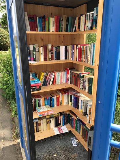Offener Bücherschrank. Sieht größtenteils ordentlich aus, Schrank ist aus Holz gebaut, Außenmaterial unklar, blau.