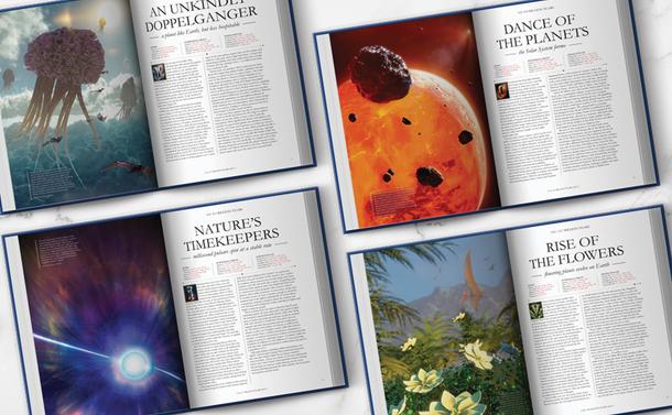 An inside look at four individual page spreads from the book The Grand Cosmic Story, featuring artwork, page titles, intricate text, and statistics about the Universe.