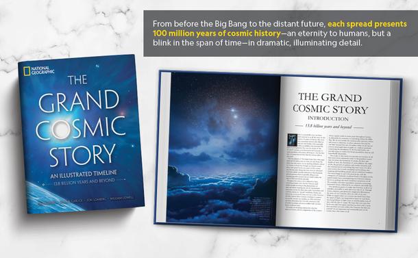 Cover image and a look at the introduction inside to the book The Grand Cosmic Story, telling our cosmic history 1 page and 100 million years at a time.