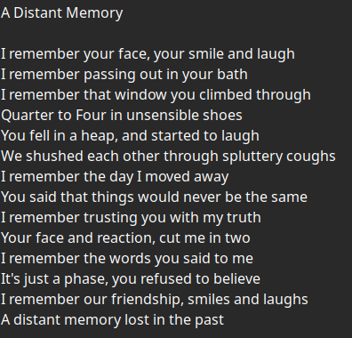 'A Distant Memory'

I remember your face, your smile and laugh
I remember passing out in your bath
I remember that window you climbed through
Quarter to Four in unsensible shoes
You fell in a heap, and started to laugh
We shushed each other through spluttery coughs
I remember the day I moved away
You said that things would never be the same
I remember trusting you with my truth
Your face and reaction, cut me in two
I remember the words you said to me
It's just a phase, you refused to believe
I remember our friendship, smiles and laughs
A distant memory lost in the past