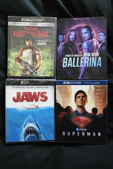 Four 4K UHD Blu-rays:

First Blood
Ballerina
Jaws
Superman