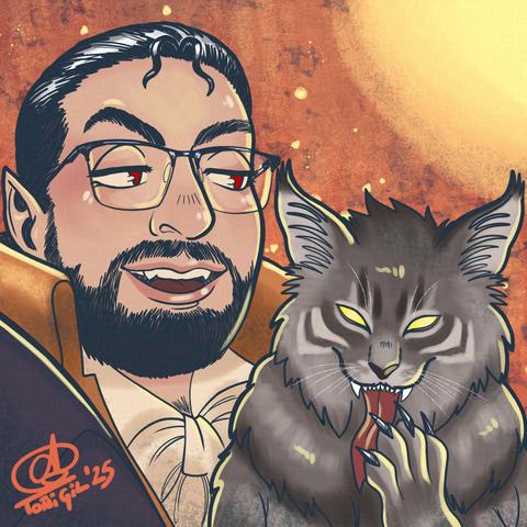 Illustration portrait in a cartoon style of a man with glasses, pale skin and dark short hair. He has a beard and is drawn as being a vampire, with fangs and red eyes, wearing a cravat and high collared coat and jacket, he also has a short beard. He smiles looking to the side. He is accompanied by his pet cat, that looks like a big wild monstruous, grey with long hair a yellow pupil-less eyes. The creature is licking its claw. Background looks like a sunset. My signature is on the bottom left.