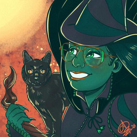 Illustration portrait in a cartoony style of a woman with green skin wearing glasses. She has red lipstick, bright green eyes and dark green hair. She wears a witch hat and black clothes including a cape. She is holding a broomstick and we can see her very long nails. She smiles looking at the side. Over her shoulder and with its front paws on teh broom, there's a black cat with little fangs and yellow eyes also looking at the side. Background could be a sunset. On the bottom right I did my signature.