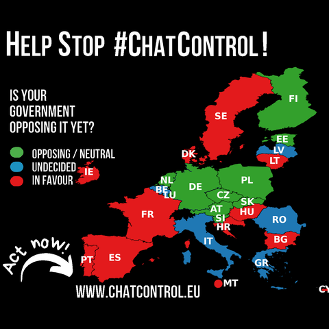 A map of Europe titled "Help Stop #ChatControl!" shows countries colored according to their government's stance on ChatControl in 2025. The legend explains: Green stands for "Against", Blue for "Undecided", and Red for "In Favor".

The following countries are in favor (red): Bulgaria, Croatia, Cyprus, Denmark, France, Hungary, Ireland, Italy, Lithuania, Malta, Portugal, Spain, and Sweden.

The following countries are against it (green): Austria, Czechia, Estonia, Finland, Germany, Luxembourg, Netherlands, Poland, Slovakia, and Slovenia.

The following countries are undecided (blue): Belgium, Greece, Latvia, Romania.

At the bottom is the call to action: "Act now! www.chatcontrol.eu".