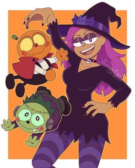 Halloween art of Witch Enid and her little brothers, Boris and Icky.