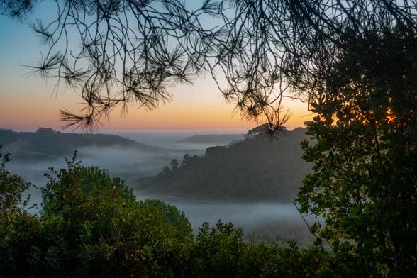 looking out over a mist filled valley at sunrise in portugal