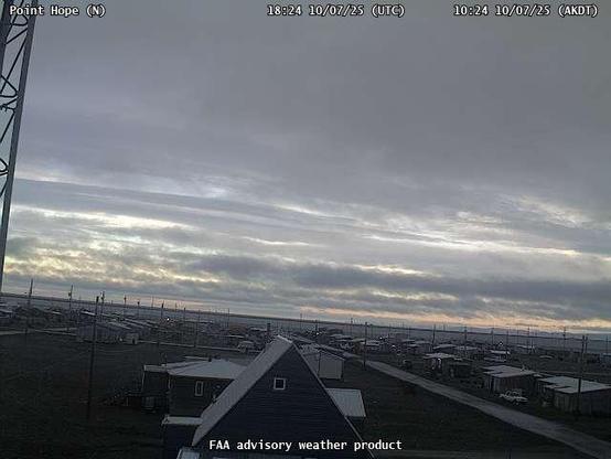A webcam overseeing a beach with an ocean view, with a few small buildings and utility poles.