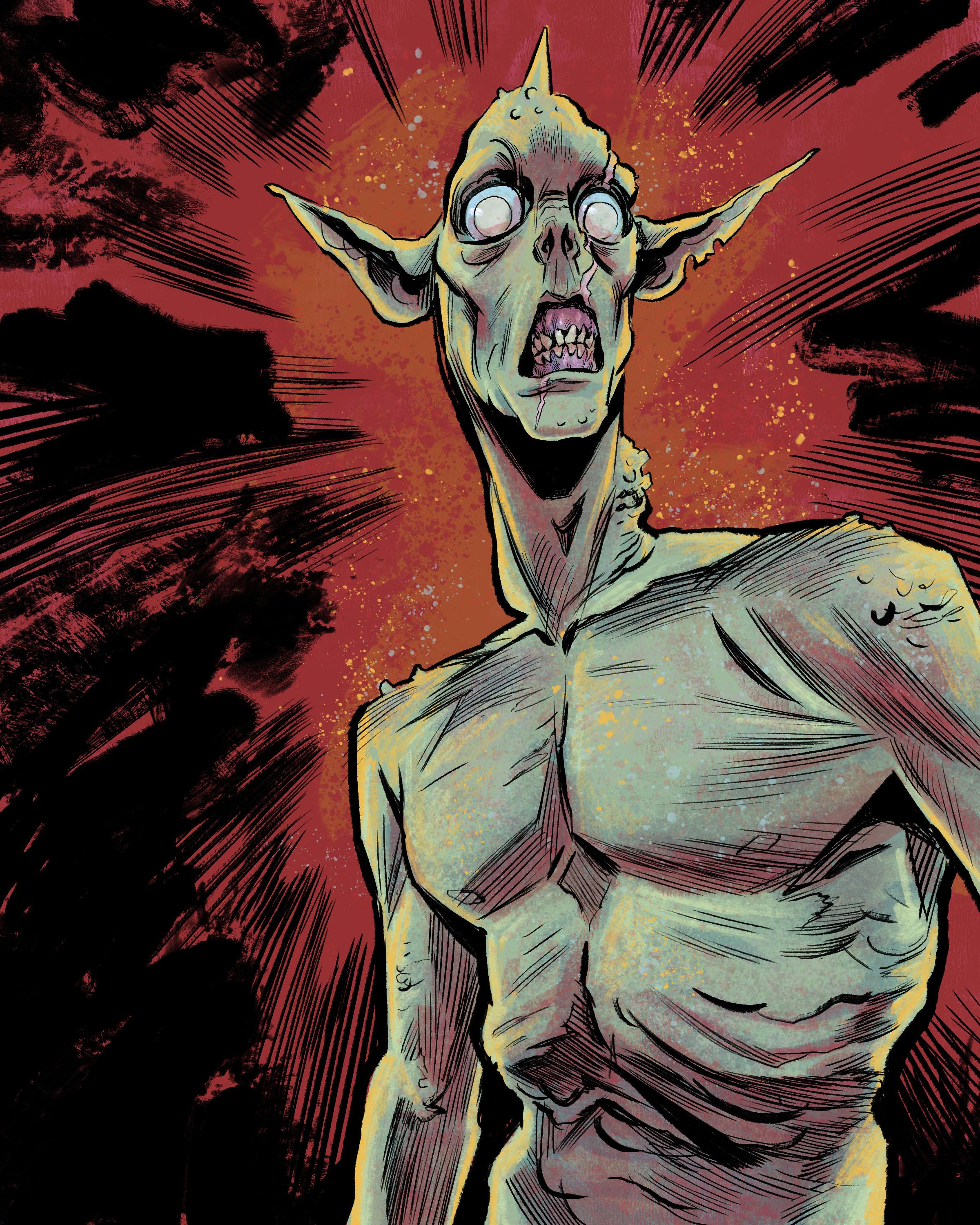 Long goblin with a grimace, red background