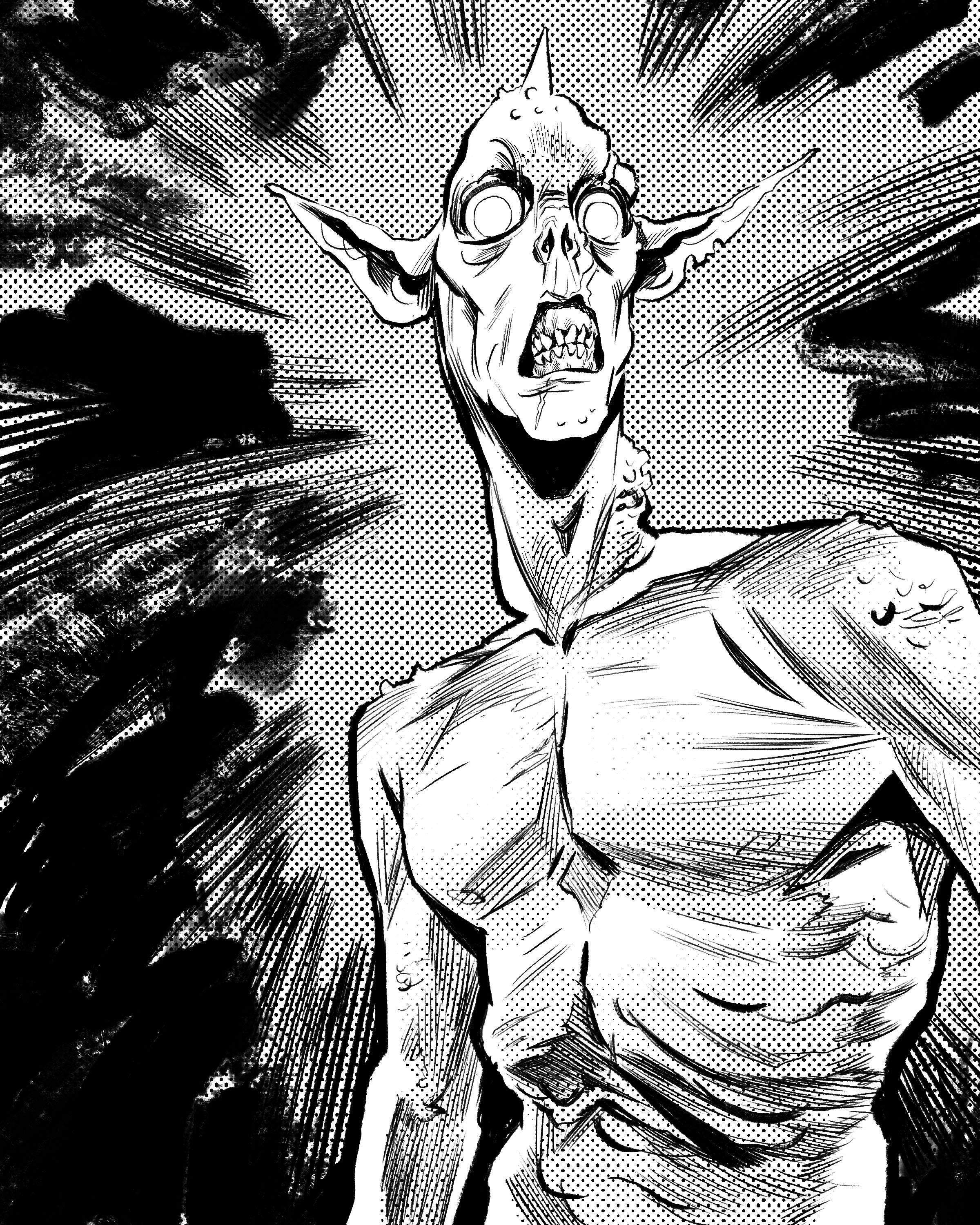 Long goblin with a grimace, black and white with halftones