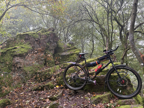 Ein moosbewachsener Felsen und davor angelehnt ein seltsames Mountainbike