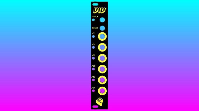 Rendering of the clock divider panel, black PCB, clock and reset input, 6 divided output with LED indicator