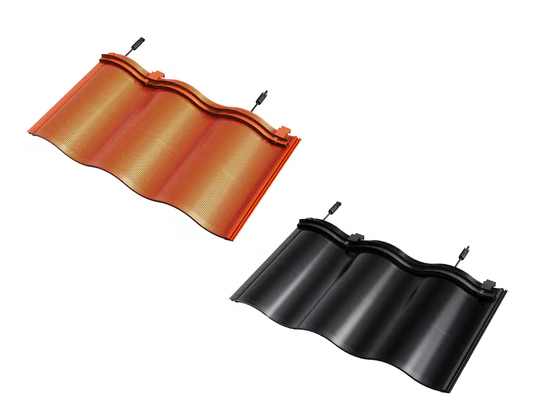 Présentation des tuiles solaires ondulées, de couleur noir et terre cuite, avec leurs connecteurs.
Source : Jackery