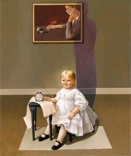 From the museum: ‘In Double Portrait, Helen Lundeberg incorporated different figures and objects to symbolize the stages of her life. The time on the clock represents the child’s age of two and a quarter, and the blank paper suggests her unknown future. She holds a flower bud to emphasize her undeveloped state, whereas the adult figure holds a blooming flower to show that she has experienced sex and love. Lundeberg connected the young girl to the grown woman with a shadow to suggest that the two parts of her life are “psychologically bridged.” The subdued tones and flat colors create a mysterious world where the shadow hovers like a ghost over the shoulders of both figures.’