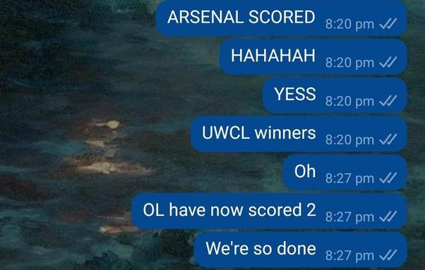 A screenshot of a chat thread. It shows elation as Arsenal score first then distraught as 7 minutes later OL have scored 2.