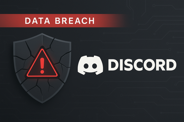 “Dark background with circuit traces. On the left, a cracked shield with a red warning triangle. On the right, the Discord logo and the words ‘DATA BREACH.’ Visual theme conveys urgency and account security.”