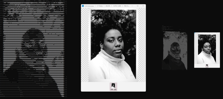 Black-and-white portrait rendered entirely in ASCII characters. The image shows a stylized human face and shoulders composed of dense bar-like symbols, giving a pixelated, code-made texture. Created with a custom Python script by Malaya Wright as part of her upcoming GitHub ASCII art project.