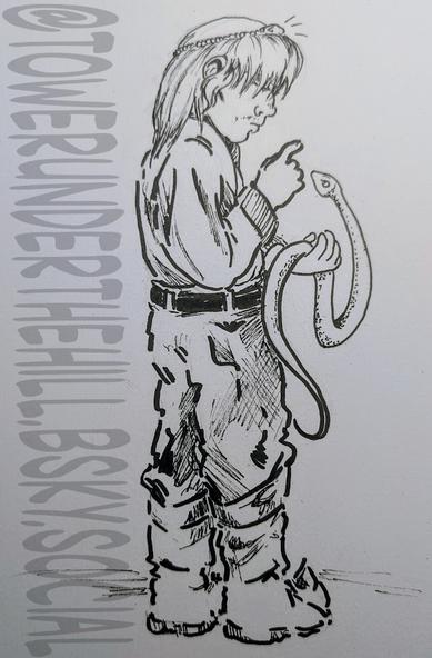 A young dwarf named Rekhart stands with his back to the viewer. His bangs obscure his eyes. He wags a disapproving figure to a baffled snake he holds in the opposite hand.