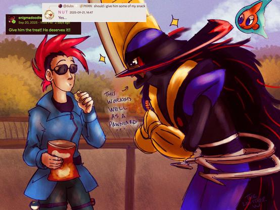 A shiny Kingambit doing his best to make big wet eyes and pleading his trainer for some potato chips from the bag they're holding. A Rotom is behind the Kingambit curiously.
