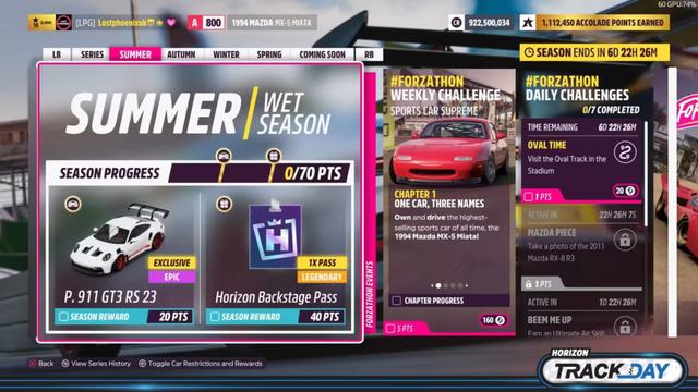 rewards screen for forza horizon 5 series 51 showing a porsche and a backstage pass as rewards