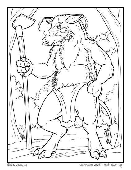 A line art drawing an anthro red river hog, a very hairy pig leaning on a primitive hoe, with a rainforest backdrop.