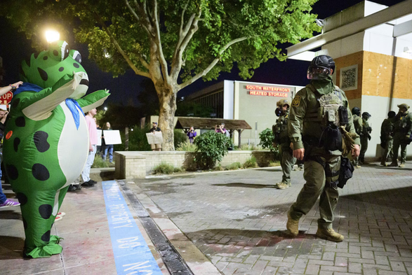 A photo of the, now famous, Portland protest frog waving off a perturbed-looking Federal "police" agent in full-combat gear.